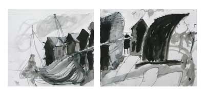 drawing by Sally Booth of The Stade, Hastings, Indian ink