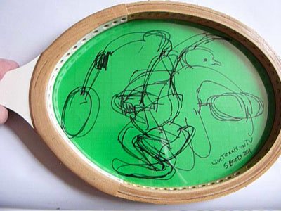 Live tennis on TV, Pen on green acetate layers and graph paper on a wooden racket, 2011
