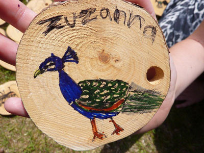 Peacock drawing by Zusanna on rhodedendron log
