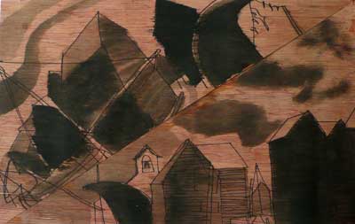 drawing by Sally Booth of The Stade, Hastings, two triangle pictures, ink on wood