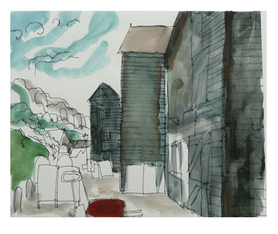 View from Mick's Hut, pen and watercolour on paper, 2010