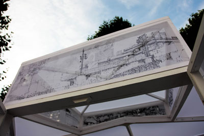 Roof panelss of installation with drawing of National Theatre