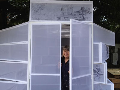 Sally at the studio with drawing installation under construction.