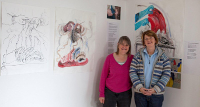 Sally and Evlynn at the Booth open studio exhibition, Scalloway.
