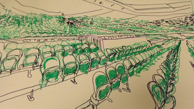 Detail Rows of seats Centre court, Pen on acetate from large panorama