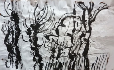 Winter Trees.    Indian ink on crinkly Japanese Washi paper 2012