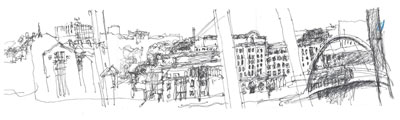 Panorama Looking East from Sage Gateshead - ink on paper