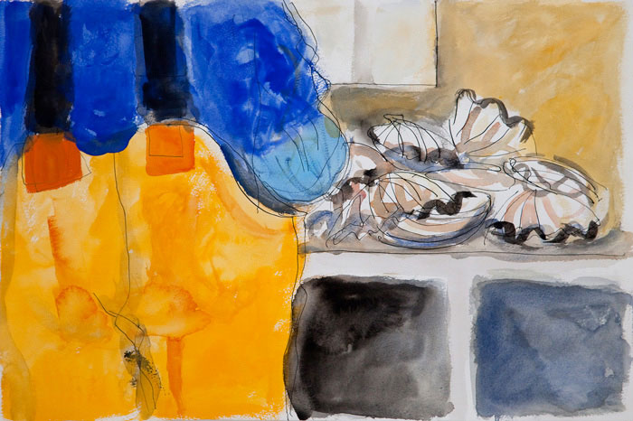 Scallops and yellow trousers - watercolour