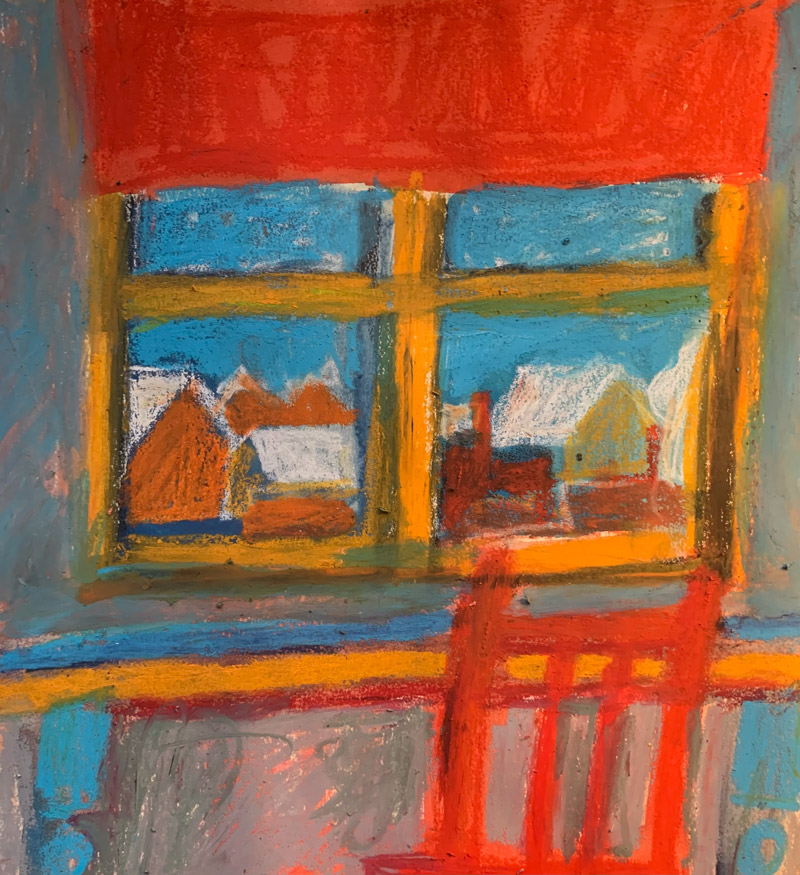 The Red Studio, Bristol, day and night, oil pastel on paper, 2024