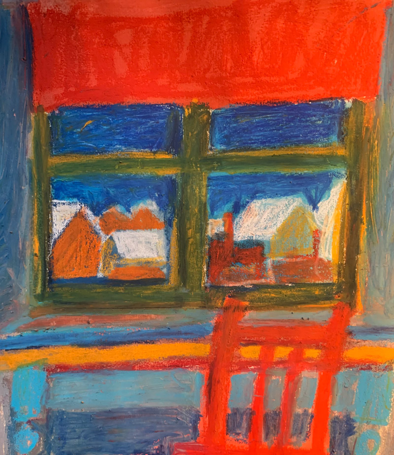 The Red Studio, Bristol, day and night, oil pastel on paper, 2024
