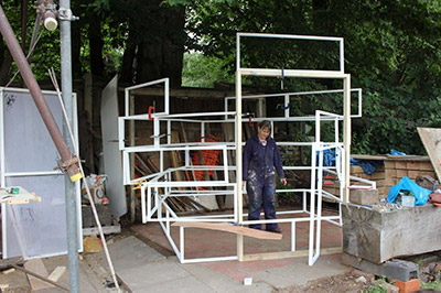 Sally with her drawing installation under construction